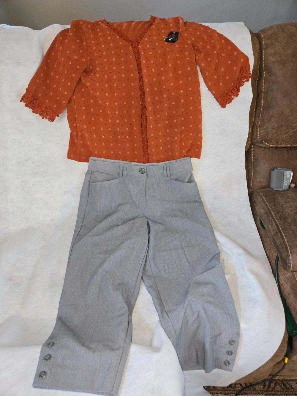 Counterparts Orange Dot Top and Gray Capri Pants Set